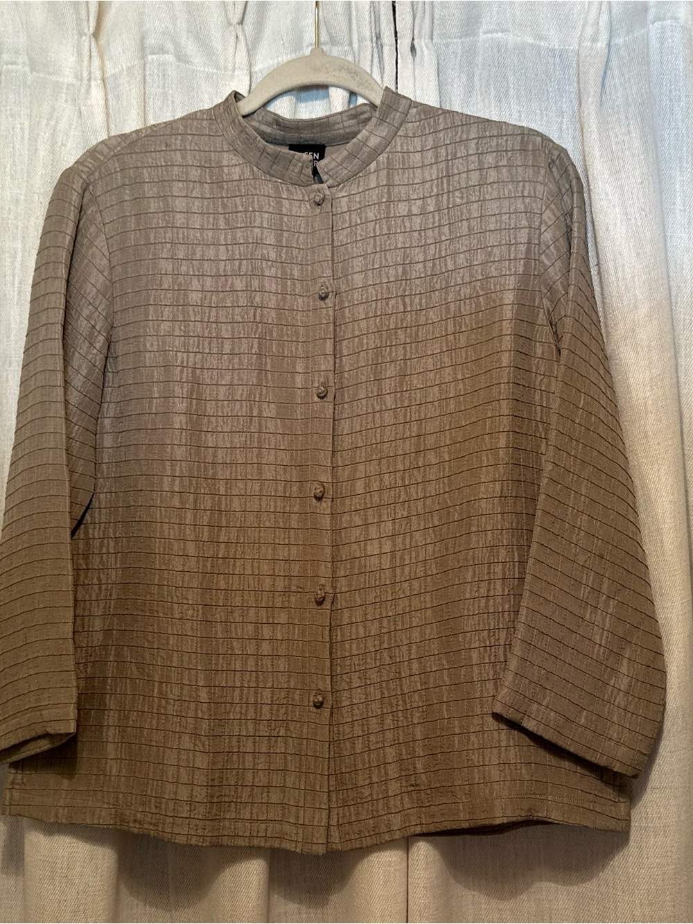 Eileen Fisher Taupe Grid-Textured Collarless Button-Front Shirt Silk Linen